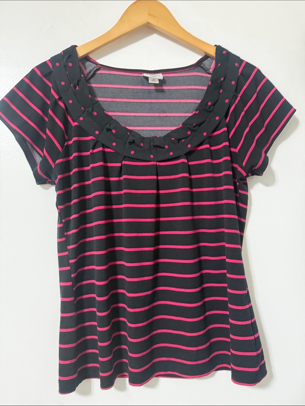 Worthington Black & Pink Striped Short Sleeve Tee with Dotted Scoop Neck